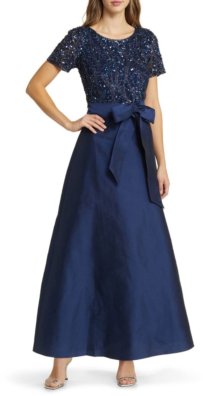 PISARRO NIGHTS Beaded Sequin Taffeta Skirt Gown 18W Navy Blue NWT